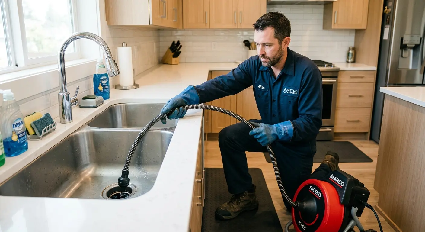 Drain cleaning technician using a motorized snake on a kitchen sink in Defiance