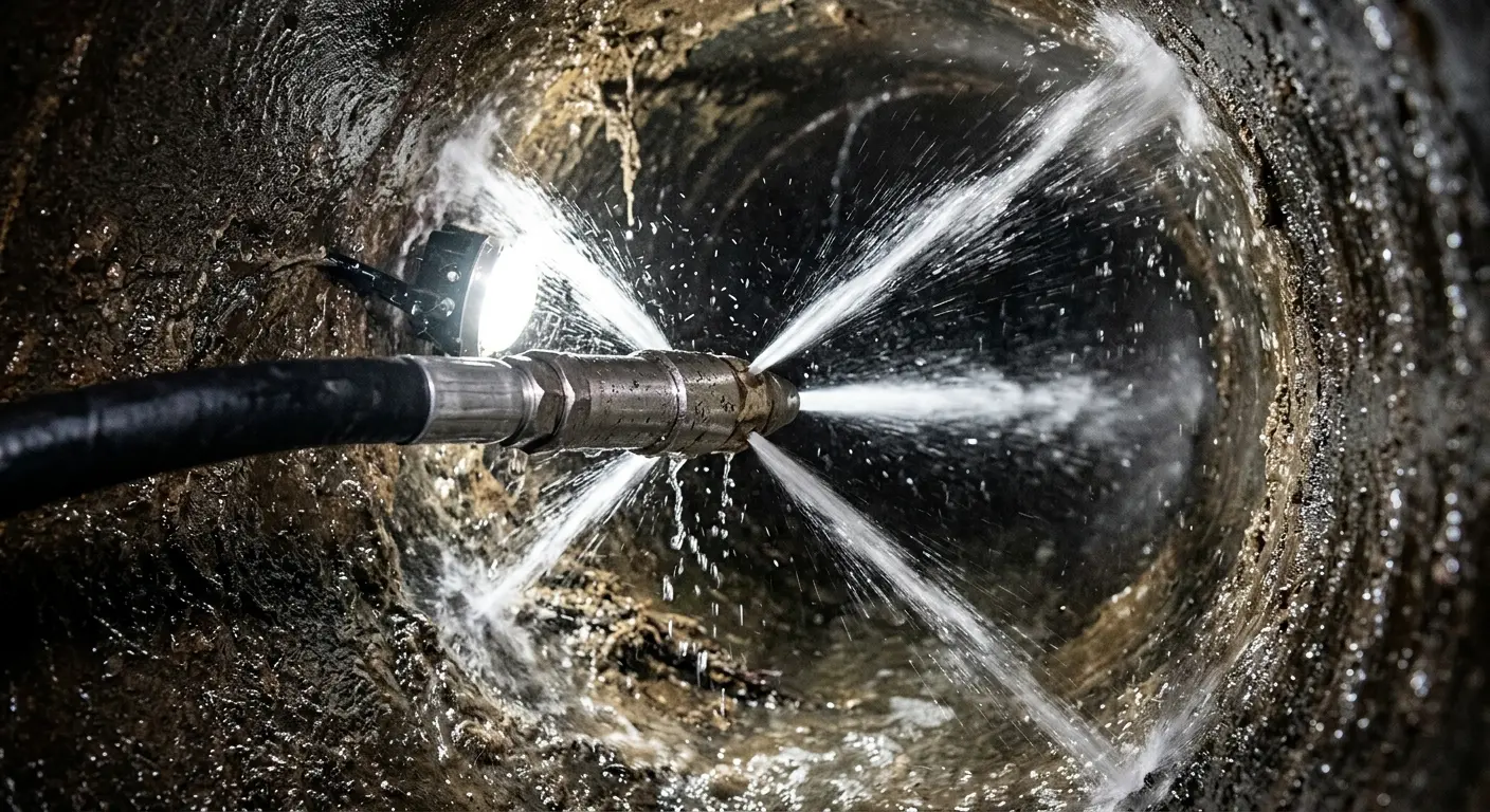High-pressure hydro jetting nozzle cleaning sewer pipe for Trenchless Sewer Repair in Defiance