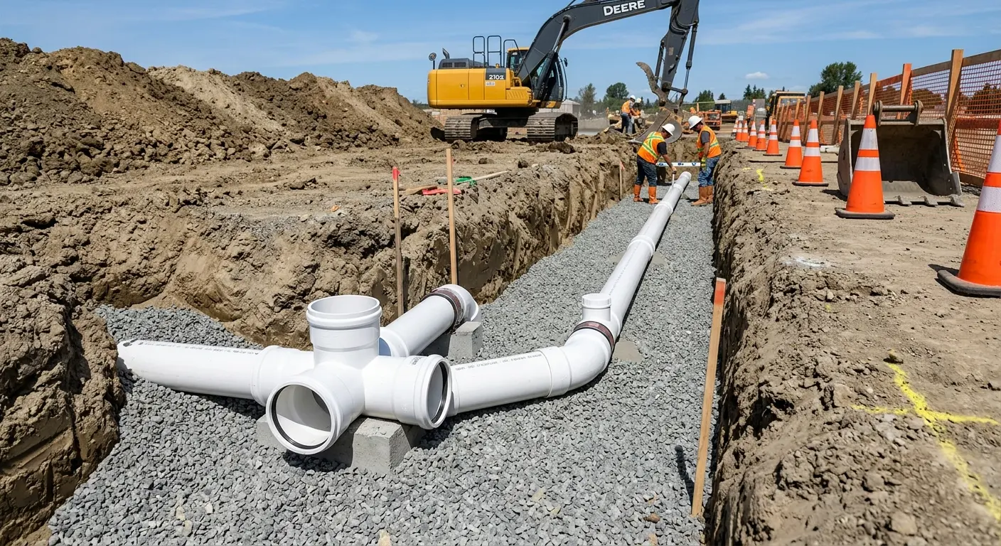 New PVC sewer pipe installation in open trench for Grease Trap Cleaning in Defiance